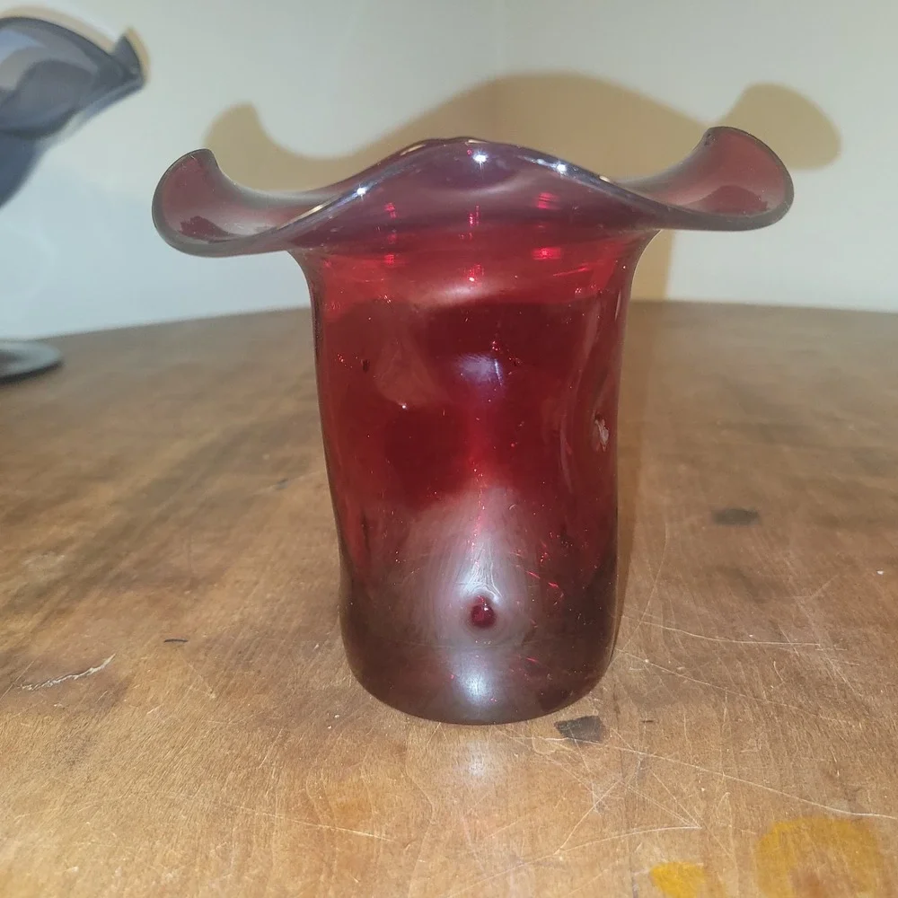 Vintage Bischoff Red Vase,‎ Hand Blown Dimpled Vase with Folded Rim